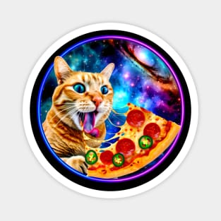 Funny Orange Cat eating Pizza in Space Magnet